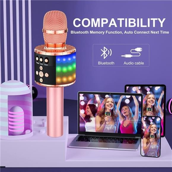 Wireless Bluetooth Karaoke Microphone with Controllable LED Lights,4in1 Portable - Picture 4 of 6
